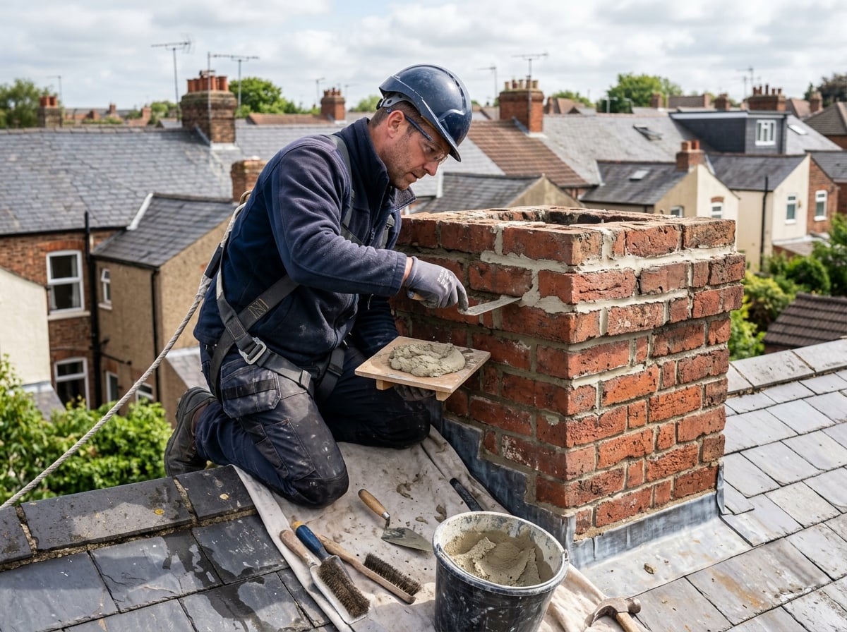 Chimney repointing and brickwork repair on a rooftop
