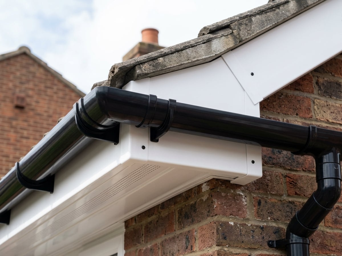 New white fascia, soffit and black guttering installation