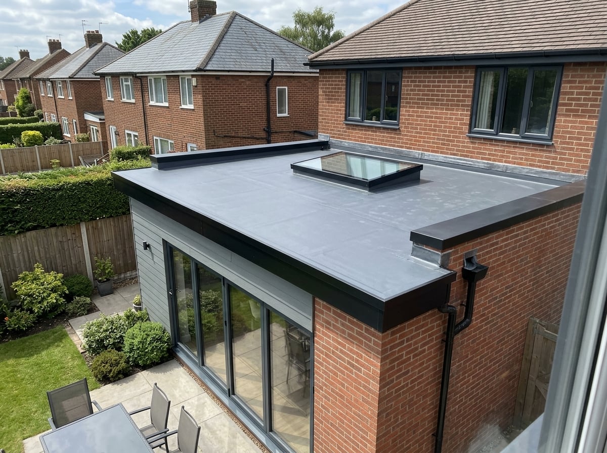 Newly installed flat roof membrane on a house extension