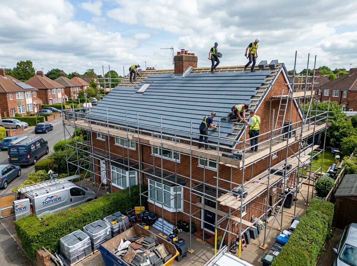 Full roof installation with new tiles and scaffolding