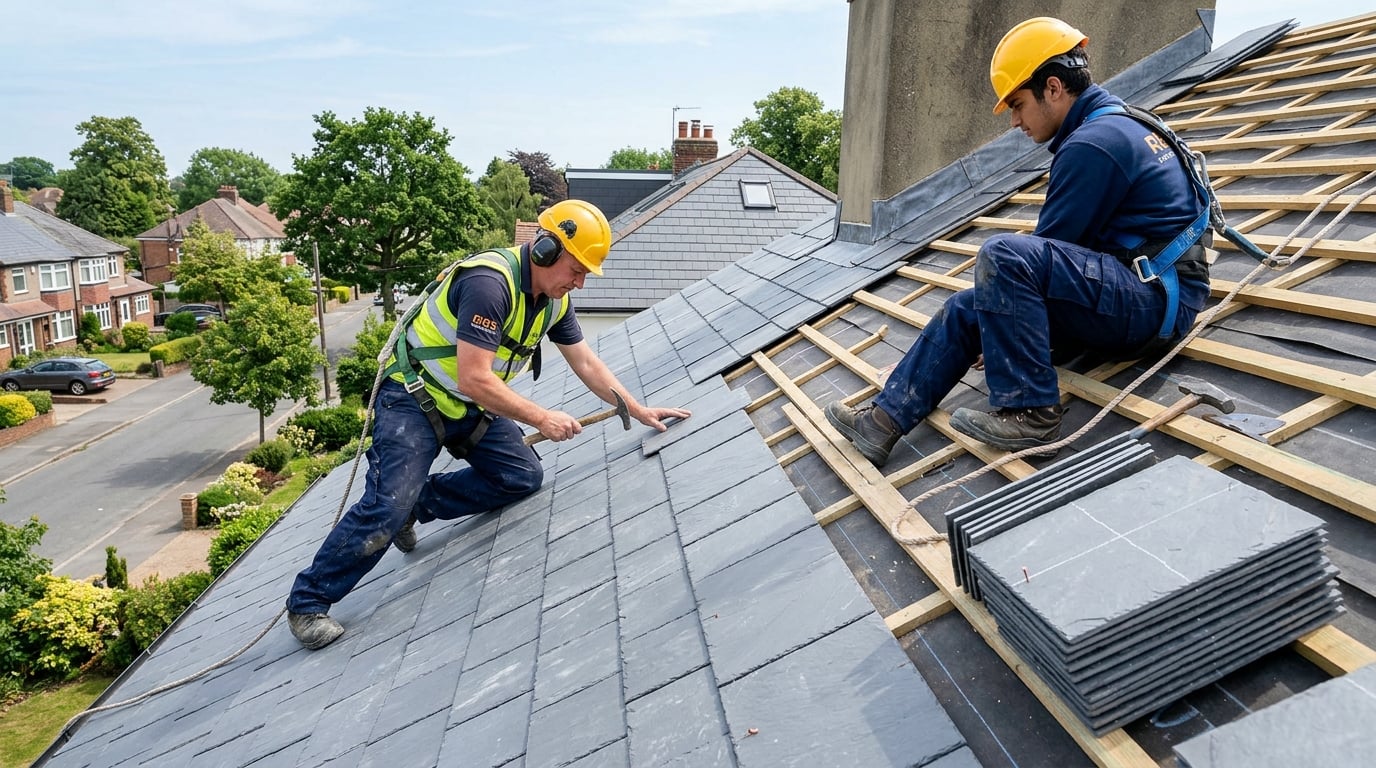 Roofers laying new grey slate tiles on a pitched residential roof